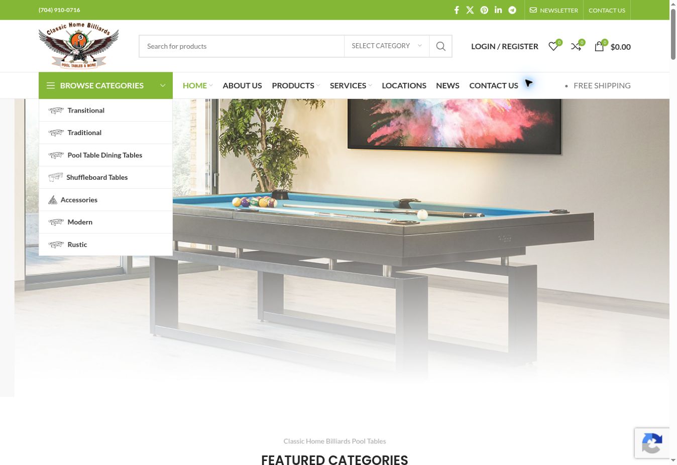 Current homepage of Classic Home Billiards
